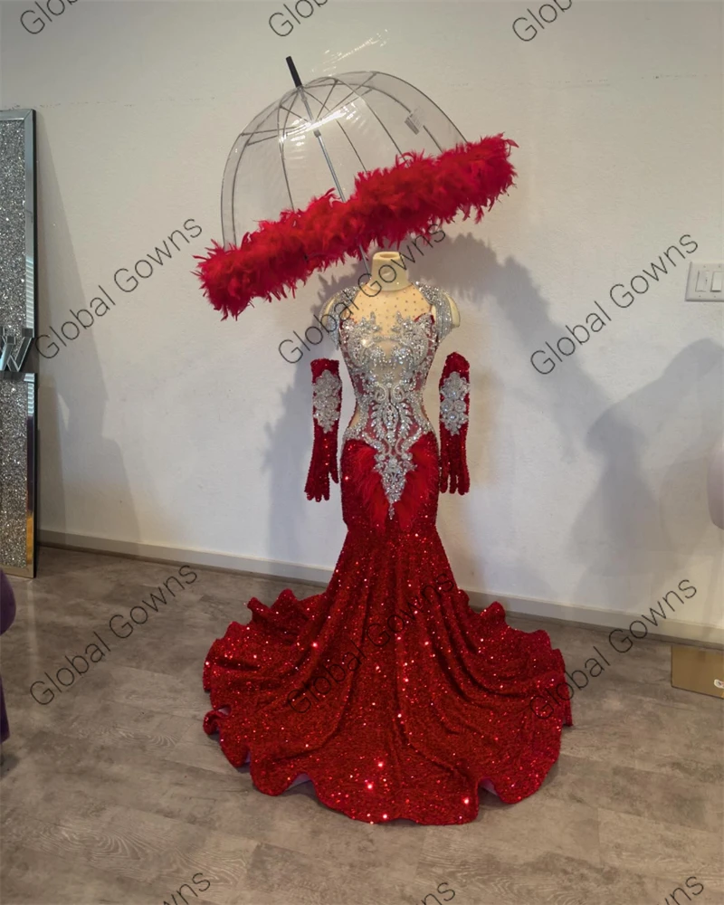 Red O N Long Prom Dresses For Black Girls Bead Crystal Birthday Dress Gowns Sequin Feathers Homecoming Gloves Robe De Customized