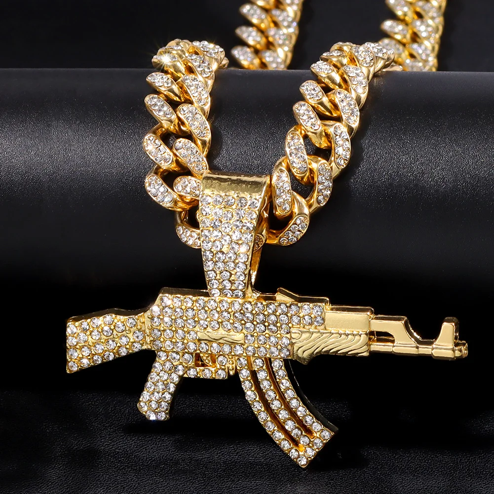 Hip Hop Men Women AK47 Submachine Gun Pendant Necklace Gold Silver Colour Iced Out Crystal Cuban Link Chain Necklaces Jewelry