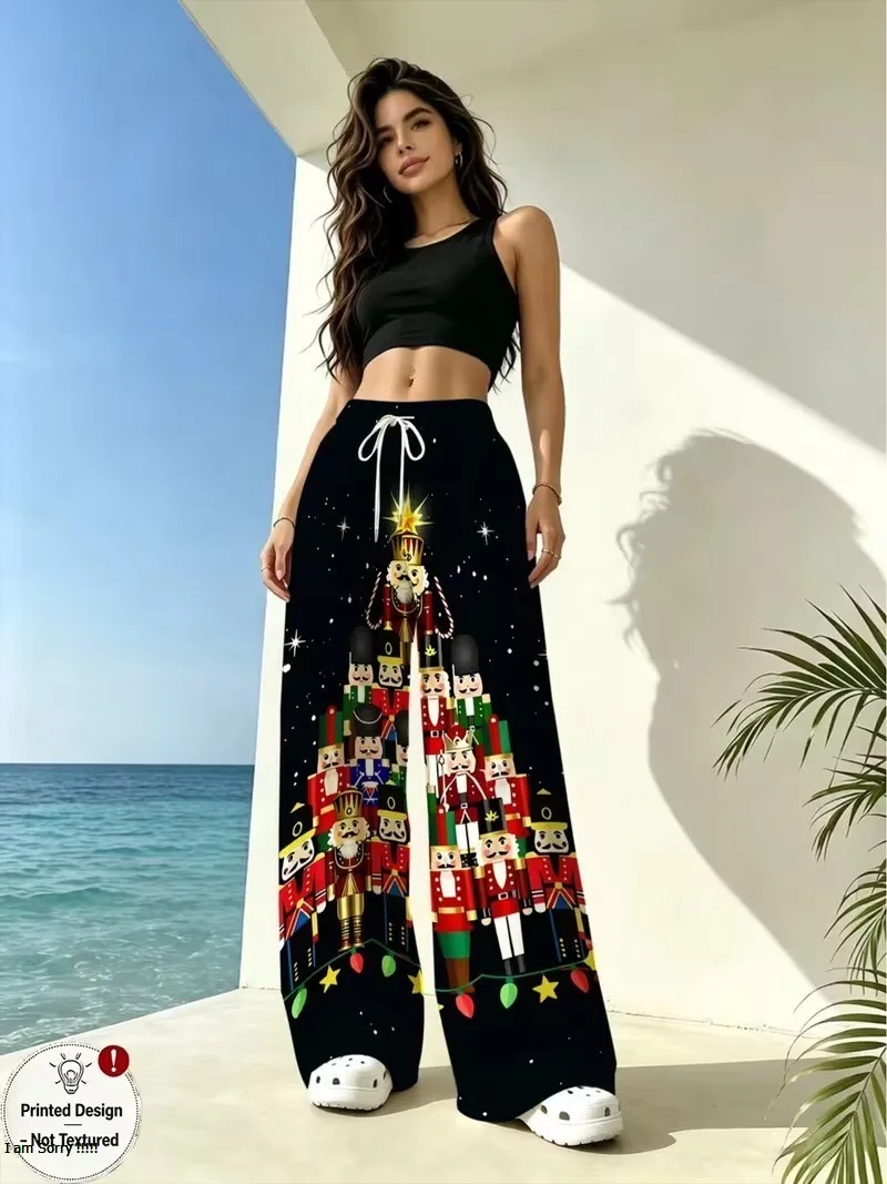 Ladies' casual pocket drawstring sports pants, 3D Christmas element Santa Claus Christmas tree printed pants
