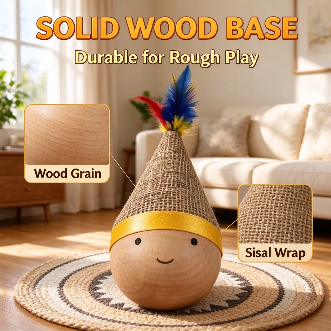 2-Piece Set of Cat Feather Toy Wooden Drum，Wobbly Pet Toy，Self Entertaining Stress Relieving Tool Feather Bell，Cat Teasing Stick