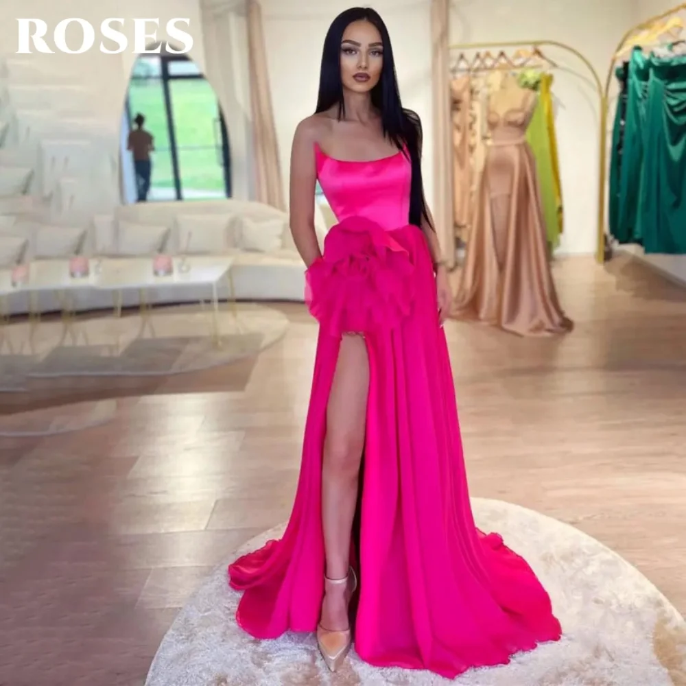 

ROSES Hot Pink A-Line 프롬 드레 with Flowers Sleeveless Evening Gowns O-Neck Slit Satin Party Dress for Formal Event Customized