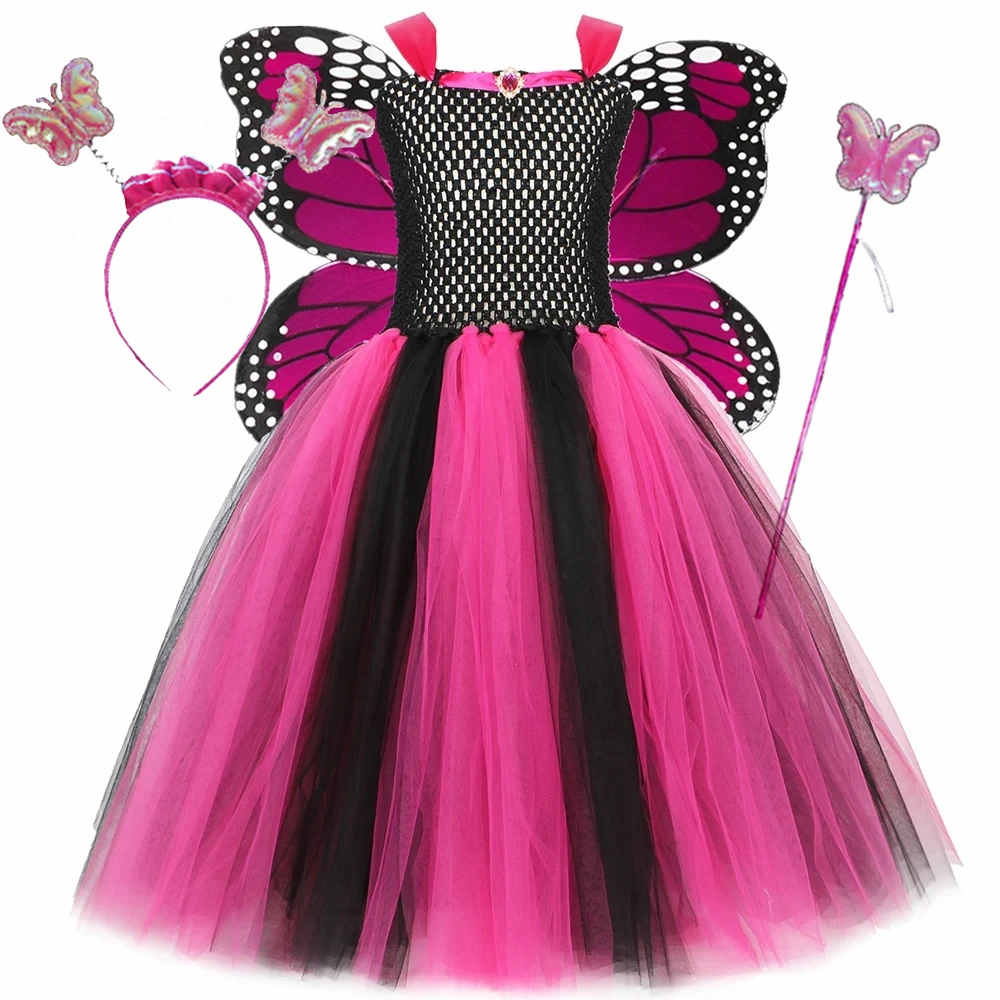 Monarch Butterfly Fairy Costume for Girls Halloween Carnival Party Dress Up Clothes Kids Butterflies Tutu Dress with Wings Wand