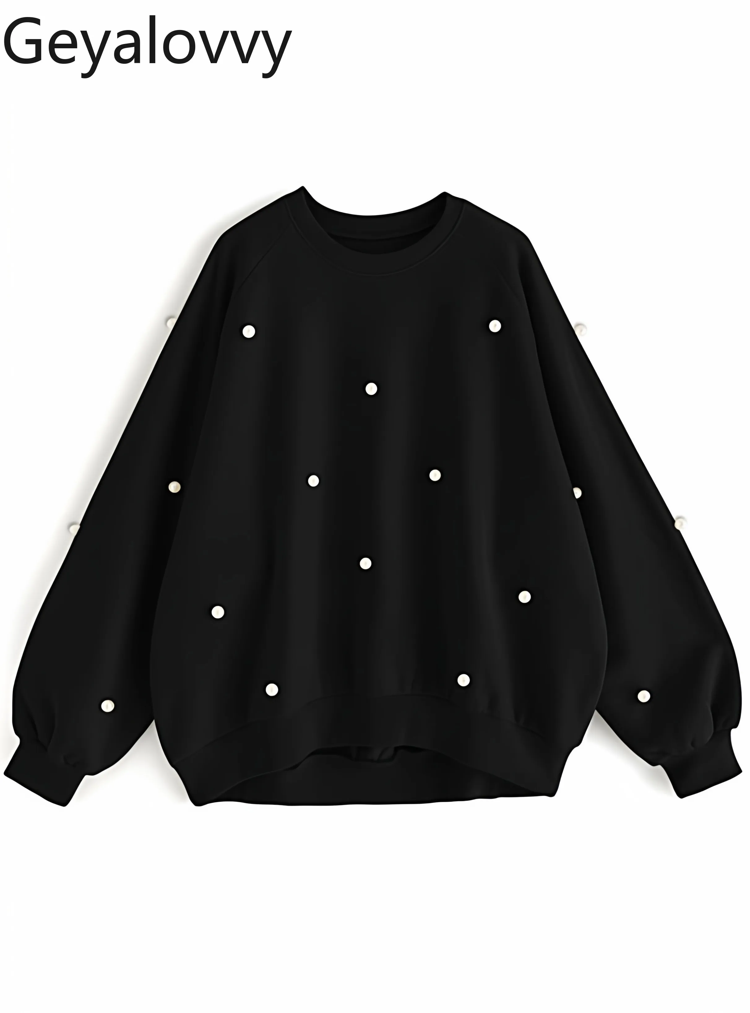 2026 New Japanese Style Casual Long Sleeve Top Sweet Pearl Decorated Round Neck Pullover Loose Fit Fleece Sweatshirt Women