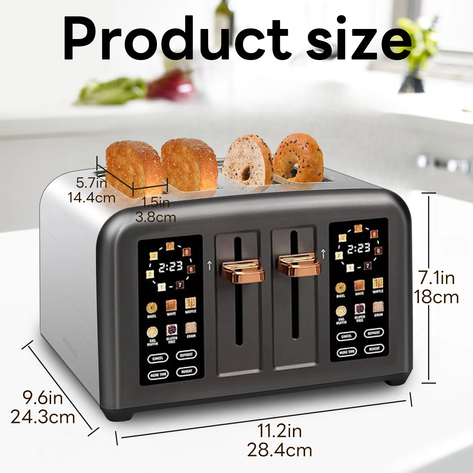 4 Slice Toaster,6 Bread Type&7 Shade Setting,1.5''Wide Slot,Removable Crumb Tray,Touch Screen for Dual Control,1800W