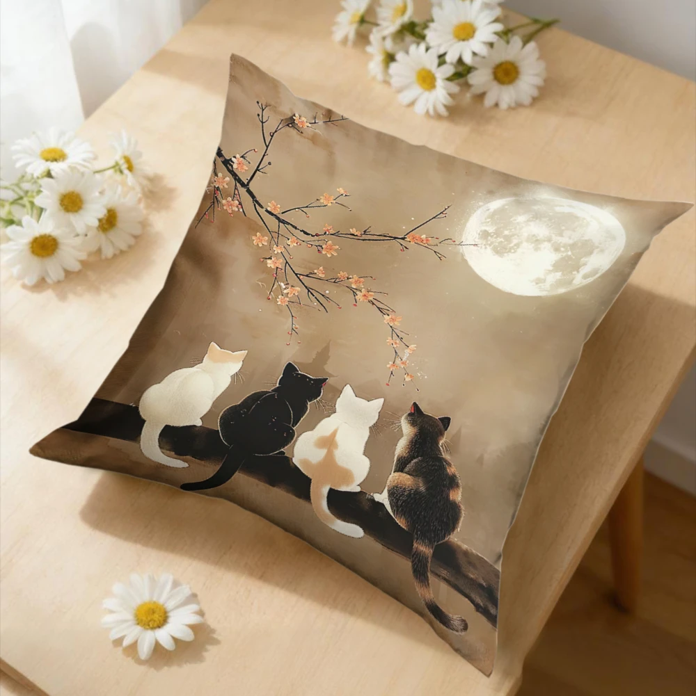 1pc Vintage Style Cushion Cover Beige Moon Cats Branches Pillowcase For Sofa Bedroom Decorative Throw Case Home Living Room x-2