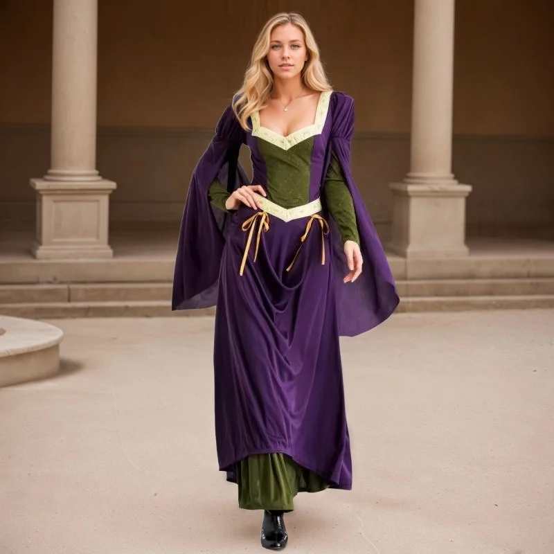 

European Vintage Queen Dress Square Neck Court Party Dark Purple Low Neck Pleated Long Sleeve Cosplay Princess Robe Elegant Suit