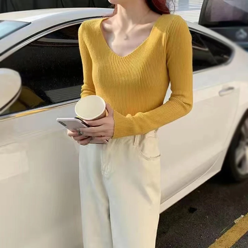 Long Sleeves Knitted Women's Top Spring Autumn V-Neck Solid Colour Base Bottoming Shirt Slim Fit Fashion Versatile Comfortable