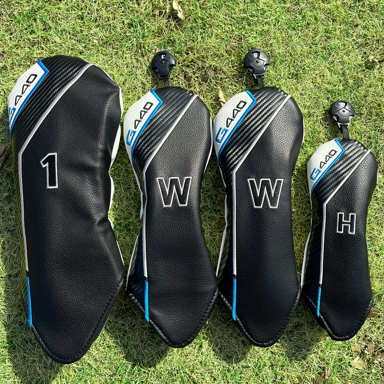 1-3pcs G440 Golf Club Wood Covers - Premium with Fleece Lining, No-Residue Resin Seal, Black/Blue/White Striped Design