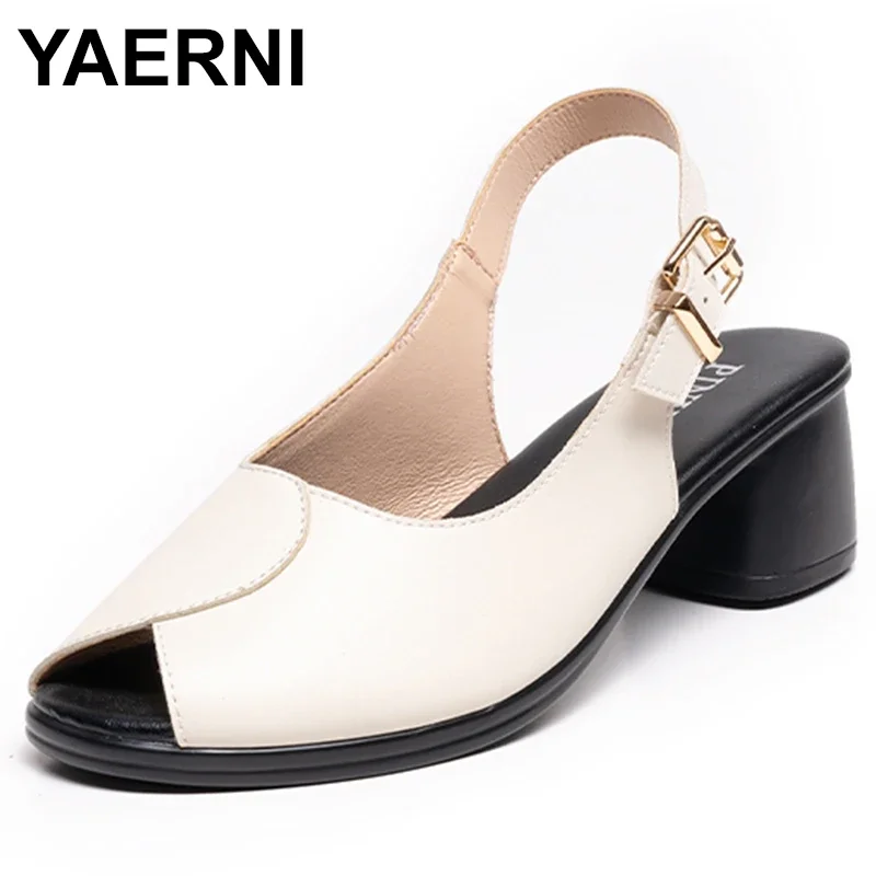 

Size 35-42 New Peep Toe Genuine Leather Sandals Women Square Med Heels Shoes Summer Ladies Dress Shoes women sandals