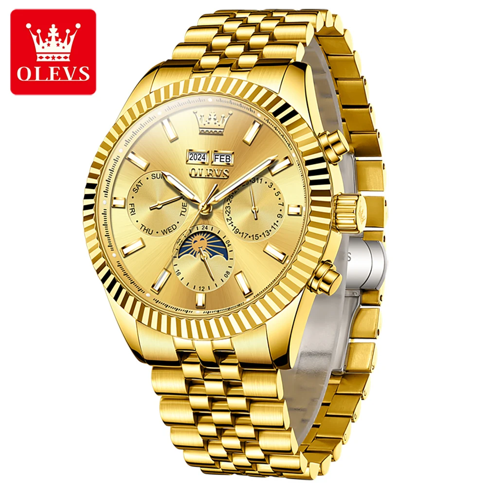 

OLEVS Brand Luxury Gold Mechanical Watch for Men Stainless Steel Strap Waterproof Luminous Fashion Moon Phase Mens Watches