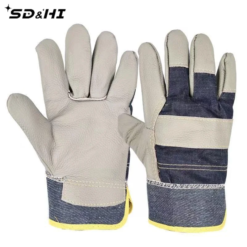 1 Pair Wear-resistant Welder Maintenance Gloves Cowhide Denim Gloves Double Thickened Protective Labor Protection Gloves