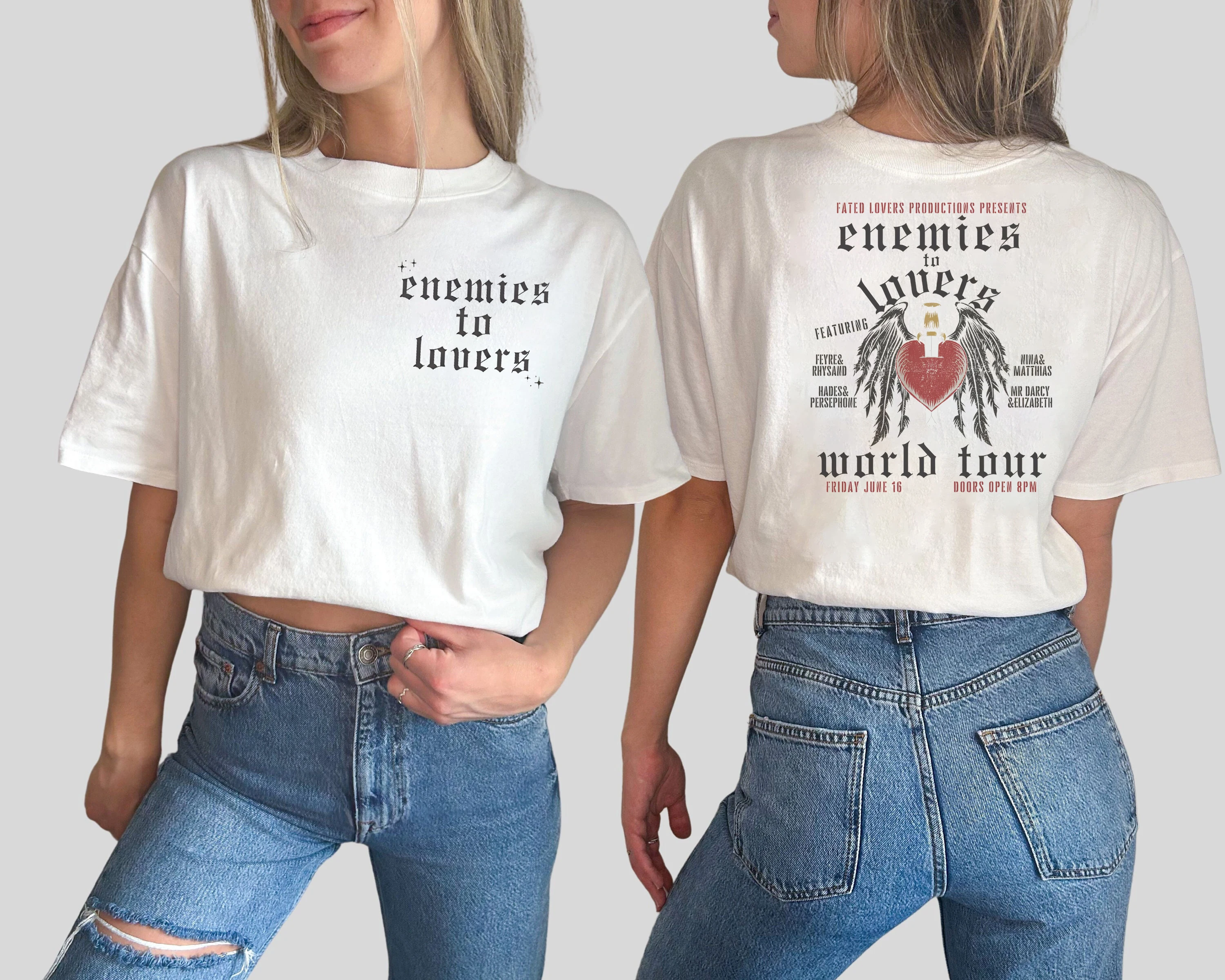 

Enemies To Lovers Distressed Band Tee Bookish Crewneck Bookish Merch Women's Dark Academia Shirt Dark Cottagecore T-Shirt