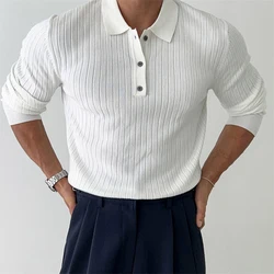 Men's Leisure Knit Polo Shirt Long Sleeve Button-down Premium Luxury Solid Color Popular Pullover Knitwear Streetwear Clothing