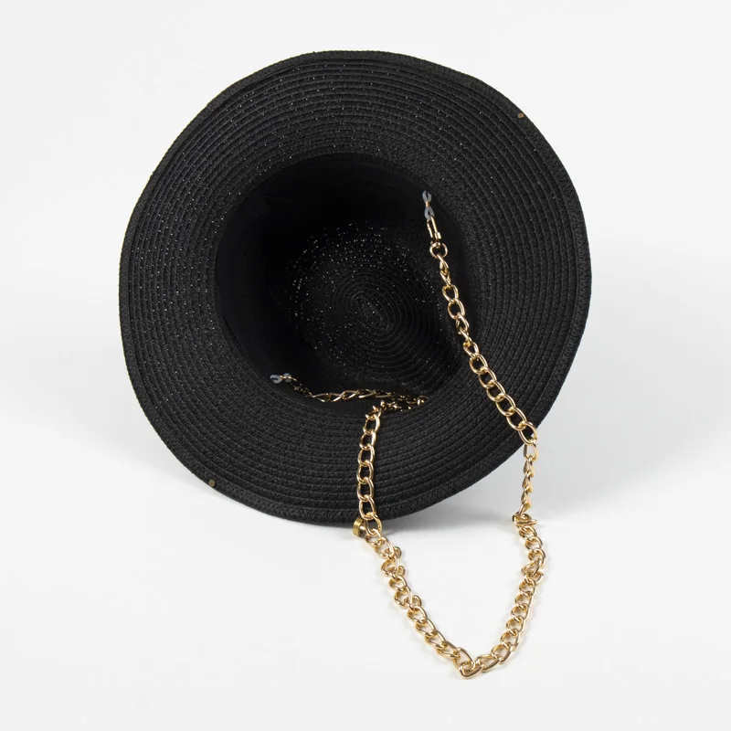 Luxury Desiger Brand Chain Strap Fedora Straw Hat For Women Summer Sun Hat With Neck Protection Rope Black Panama Beach Hats