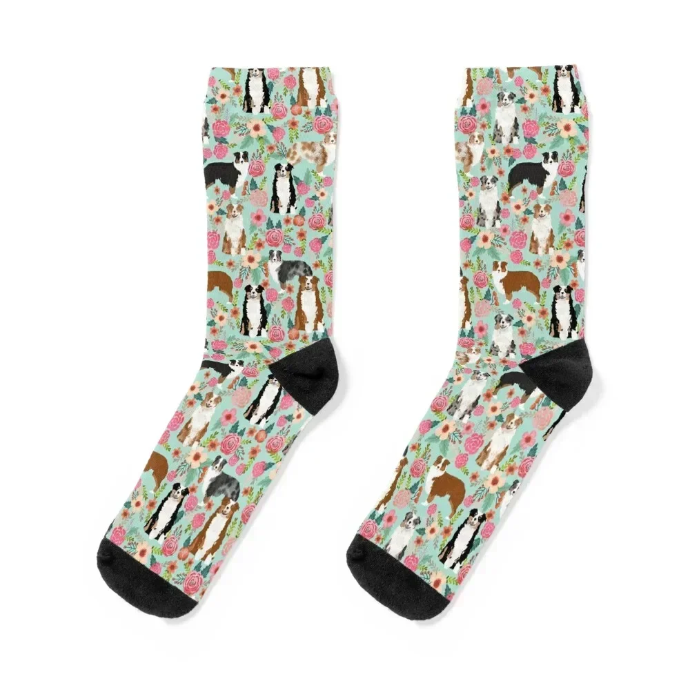 Australian Shepherd Florals - mint Socks designer professional running Thermal man winter snow Socks Man Women's