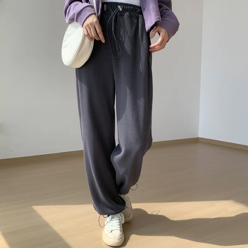 Gray Drawstring Elastic Waist Sports Pants Women's Autumn Casual Cuffed Pants Summer Slim Wide Leg Sweatpants Trendy