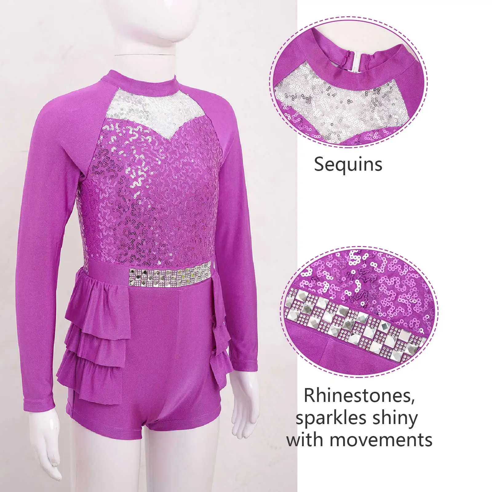 เด็กหญิง1Pcs สีม่วง Elegant แขนยาว O คอ Sequins Decor ชุดเต้นรำ Hollow กลับ Ruffles Hem เต้นรำ leotards ผ้า