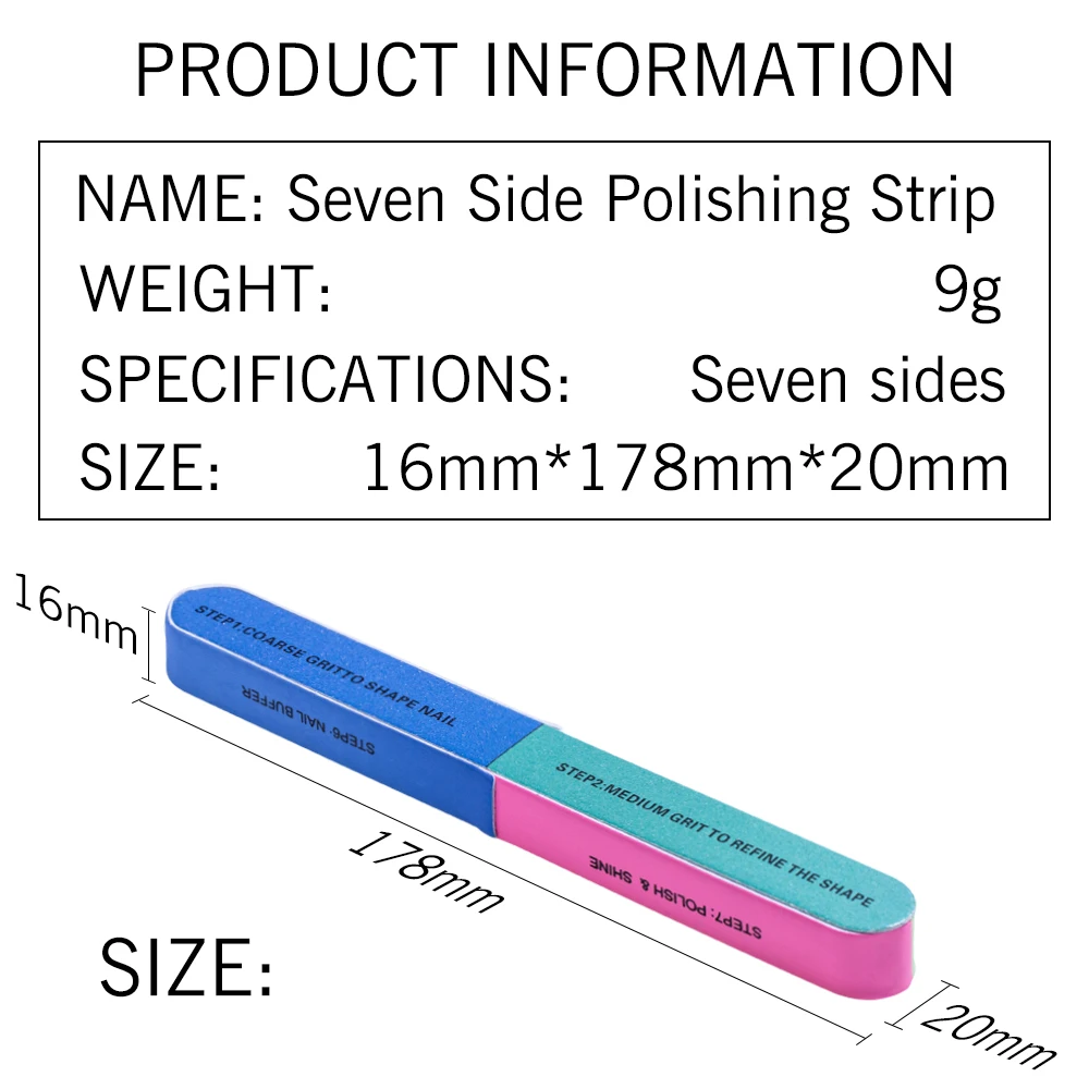 Lima de uñas RG de 7 lados, tira rectangular para recortar uñas, herramienta de cuidado de uñas multicapa de Color, lima de material plástico artístico para uñas