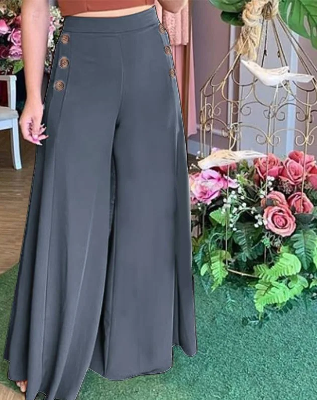 

Women's Side Button High-Waisted Wide-Leg Pants Flowy Silhouette & Solid Color Stylish Bottom for Daily
