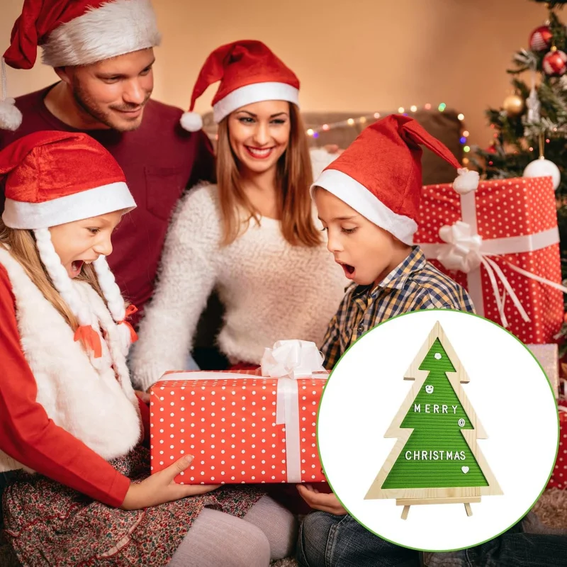 Christmas Tree Shaped Felt Letter Board with Wooden Stand, Changeable Letters Message Sign