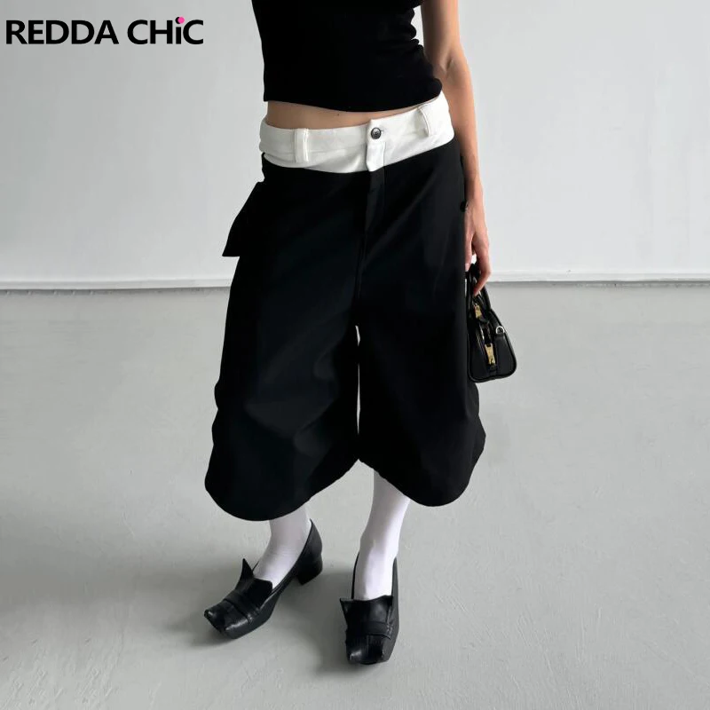 

REDDACHiC Color Block Women's Cargo Shorts Black Cleanfit Pockets Low Waist Wide Leg Baggy Jorts Unisex Casual Summer Streetwear