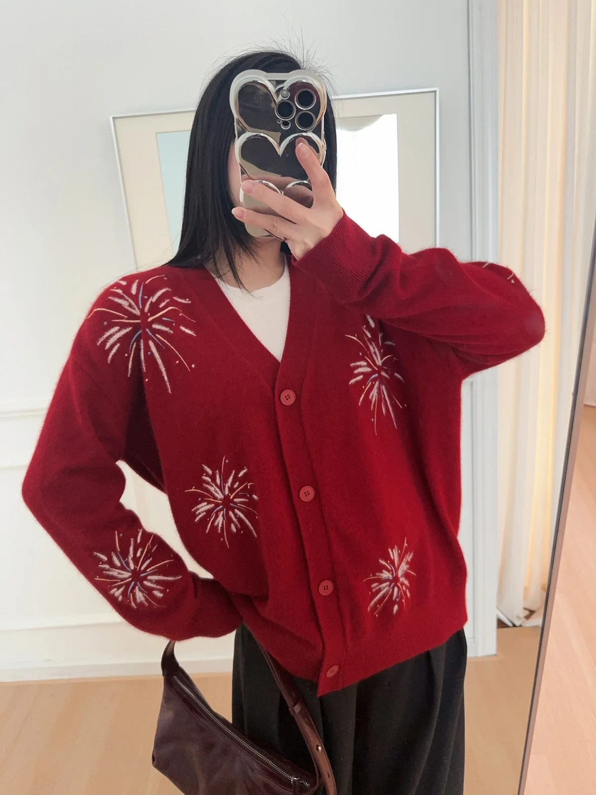 

Spring New Red Knitted Wool Blend Sweater Women's V-ne Embroidered Firework Open Cardigan Casual Comfortable Long Sve