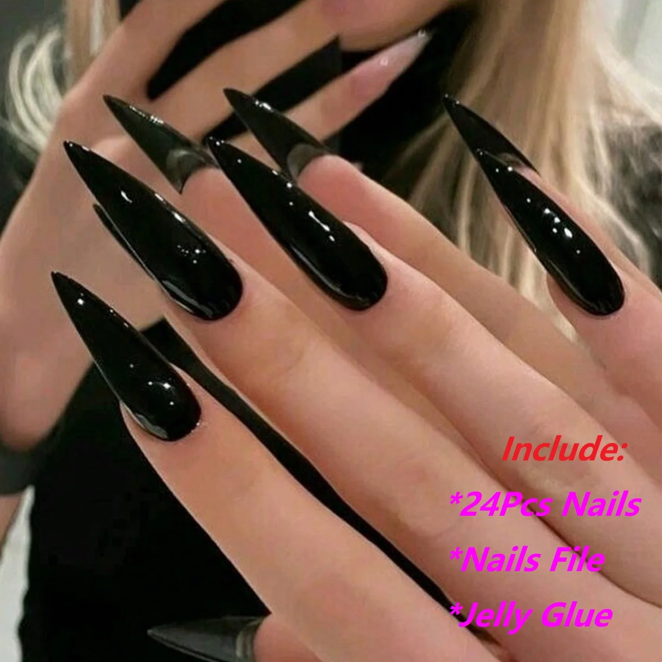 

24 шт. удлиненных накладных ногтей-стилетов, французский классический дизайн, простые черные однотонные искусственные ногти, полное покрытие, набор для накладных ногтей с гелевым клеем