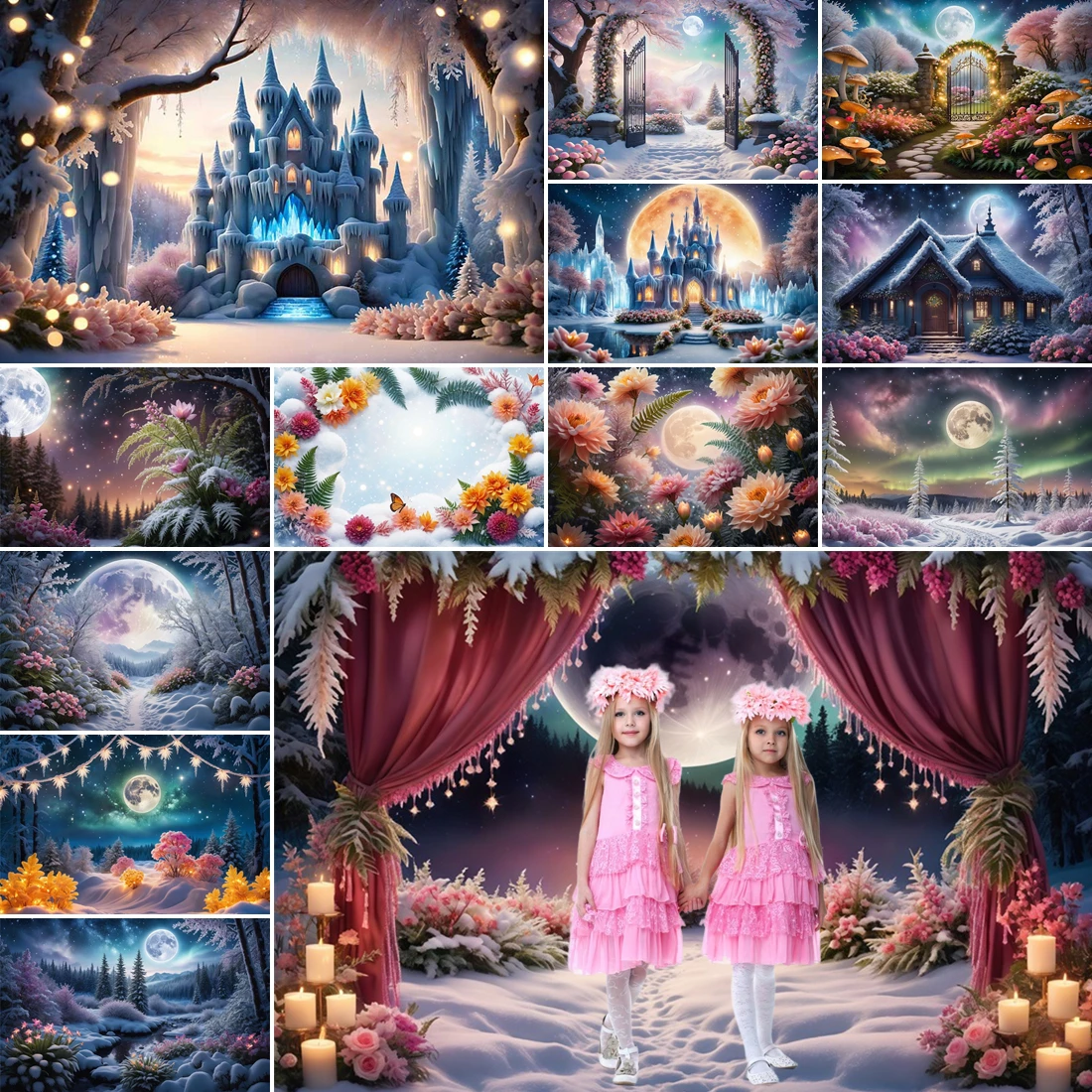 

MOON.QG Winter Wonderland Backgrounds For Photography Floral Arches Castle Backdrop Wallpaper Baby Shower Children Photozone