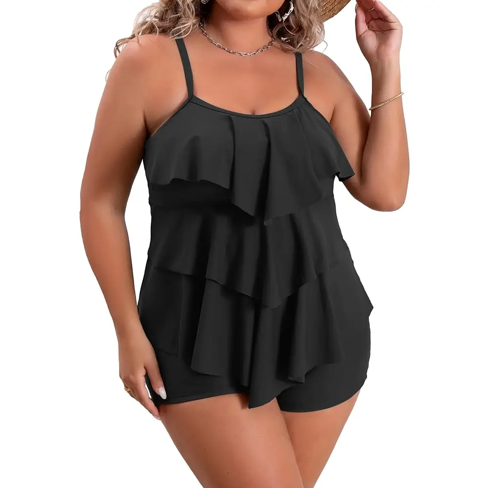 Women Plus Size Tankini Swimsuits Tummy Control Two Piece Bathing Suit Ruffled Flounce Swimwear with Shorts