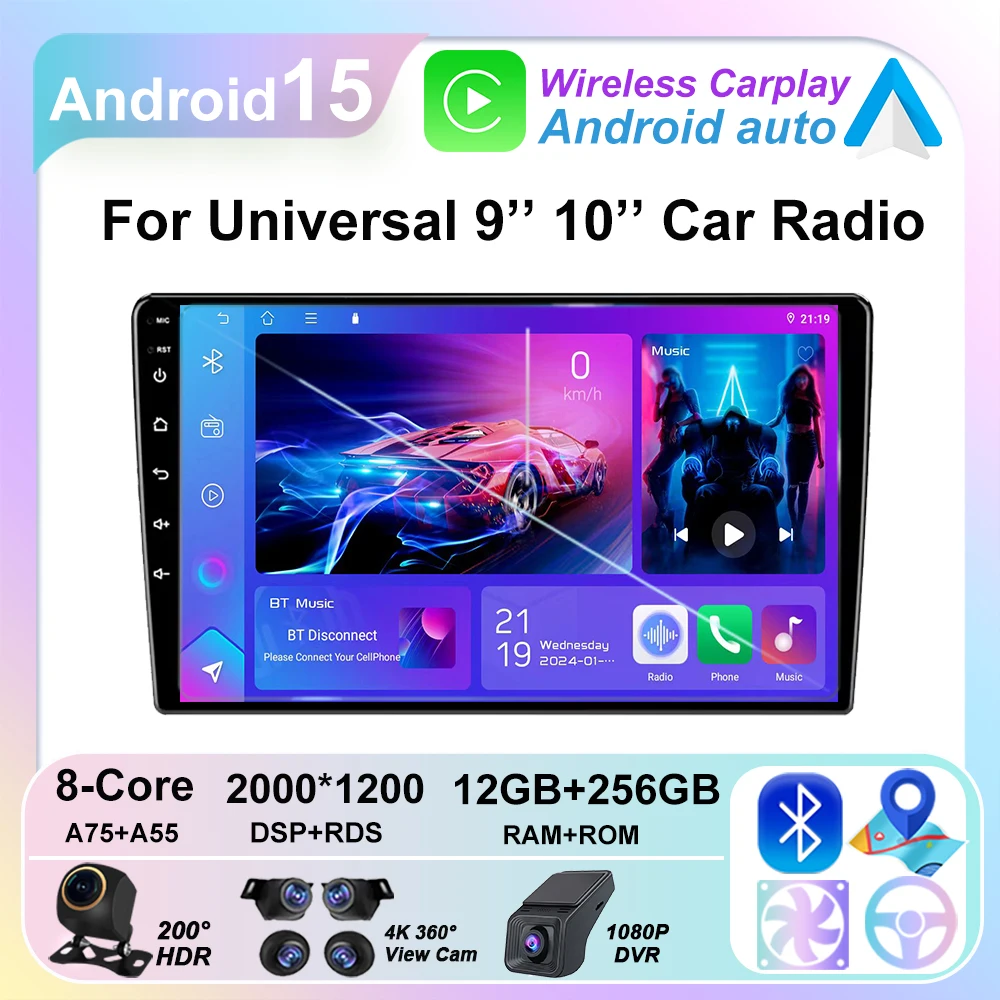 Android 15 9/10 Inch Car Multimedia Video Player 2DIN Stereo Radio Carplay Android Auto For Nissan Hyundai Kia Toyota Honda VW
