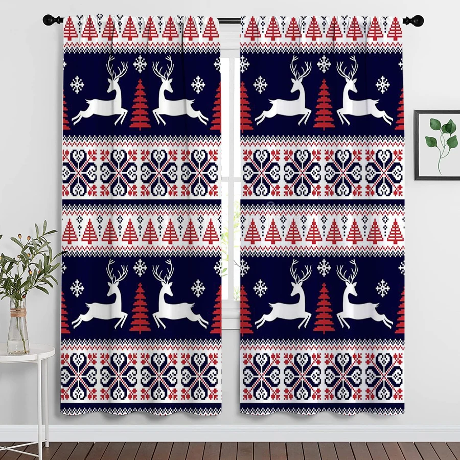 2PCS Christmas Curtains, Navy Fair Isle Reindeer, Digital Print, Bedroom Living Room Kitchen, Rod Pocket Polyester, Home Decor
