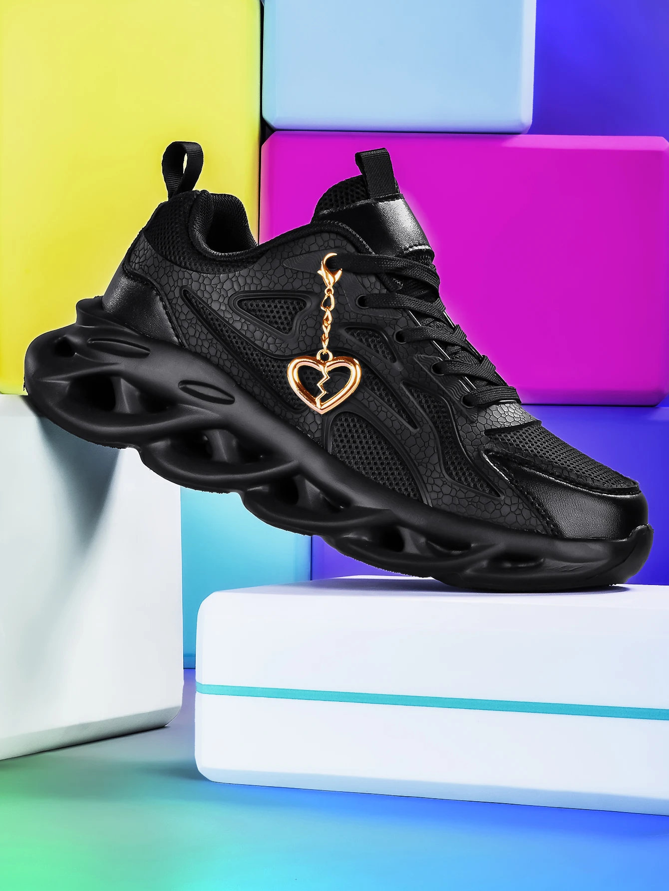 Women's 2026 New Style Dark Sweet-Cool Style Thick-Soled Dad Shoes with 5cm Height Increase, High Street Subculture Trend, Versatile Casual Sneakers, Breathable Mesh Fabric with Cracked Texture Leather Upper, Detachable Gold Heart-Shaped Metal Pendant, Flat Lace-Up Design, Eva Cushioning Hollow Wave Blade Sole, Unisex, Suitable for All Seasons, Student Daily Commute Street Fashion Shoes view 4