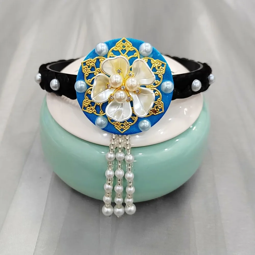 

Fashion Flower Korean Headband Pearl Traditional Hanbok Hairband Headdress Tassels Stage Dance Hair Hoop Hanfu