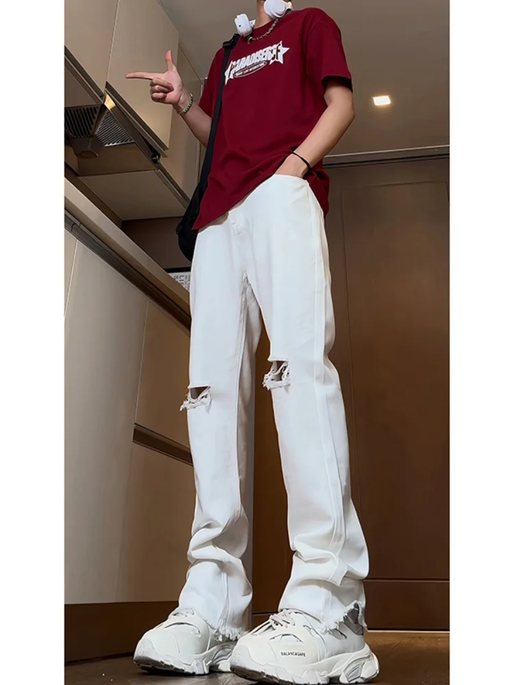 

Мужские летние тонкие эластичные джинсы в американском стиле High Street, свободные прямые, расклешенные, с эффектом похудения, длинные рваные джинсовые брюки