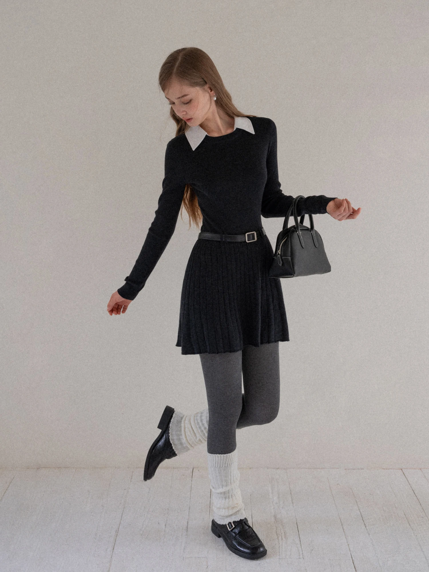 

Eggka Color Block Long Sleeve Knitted Dress Slim Fit Casual Style Polyester Fiber Elastic Waist A-Line Silhouette Dress