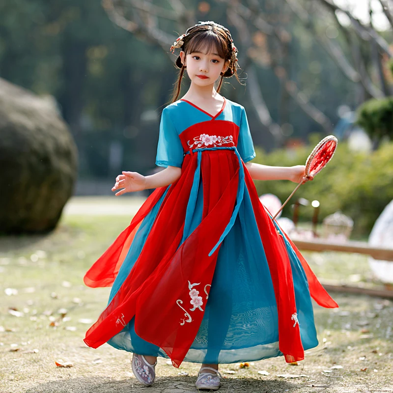 Bambino neonata abito in Chiffon Vintage fiore ricamo Patchwork bambini Hanfu Costume Cosplay Kid Fairy stile antico verde