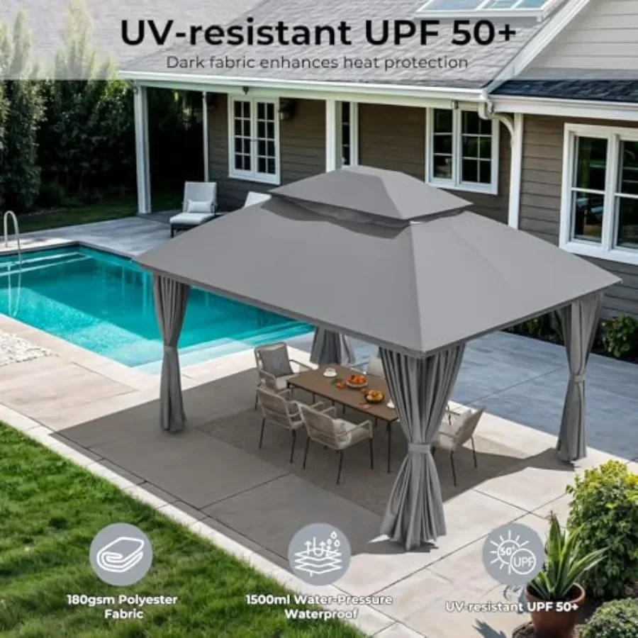 Outdoor Gazebo for Patio Metal Fe  with Double Roofs Heavy Duty Party Tent with Mosquito Netting and Curtains for Backyard Gard