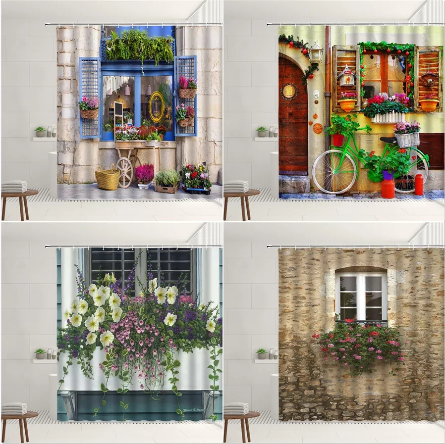 

Greek Town Shower Curtain Set Retro Blue Shutters Flower Window Flowers Plants Green Vine Street Bike Home Wall Hanging Curtains