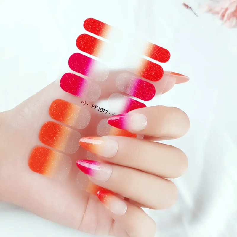 สติกเกอร์ติดเล็บลายกลิตเตอร์ไล่สีสันสดใส แบบกดติด ปิดเต็มเล็บ พร้อมกาวในตัว สำหรับตกแต่งเล็บ