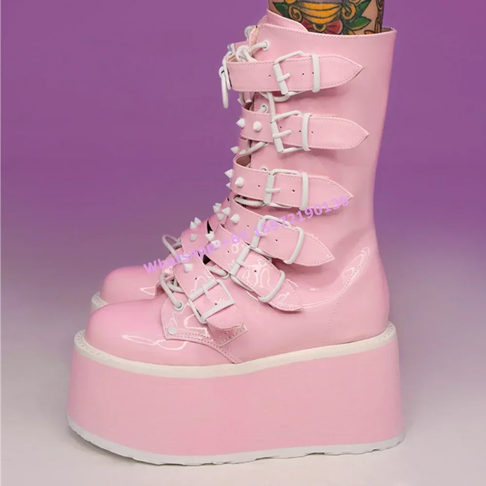 

White Pink Multi Buckle Boots Platform Rivet Belt Cross Tied Lace Up Thick Soled Sweet Shoes Lovely Girls Dress Mid Calf Boots