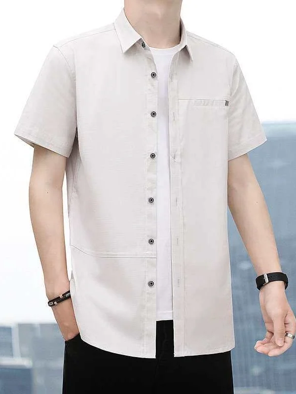 

Summer New Men's Casual Non-Ironing White Shortsved Shirt Standard Fit PU Leather Thin Style Cleanfit Flip Collar 3D Effect