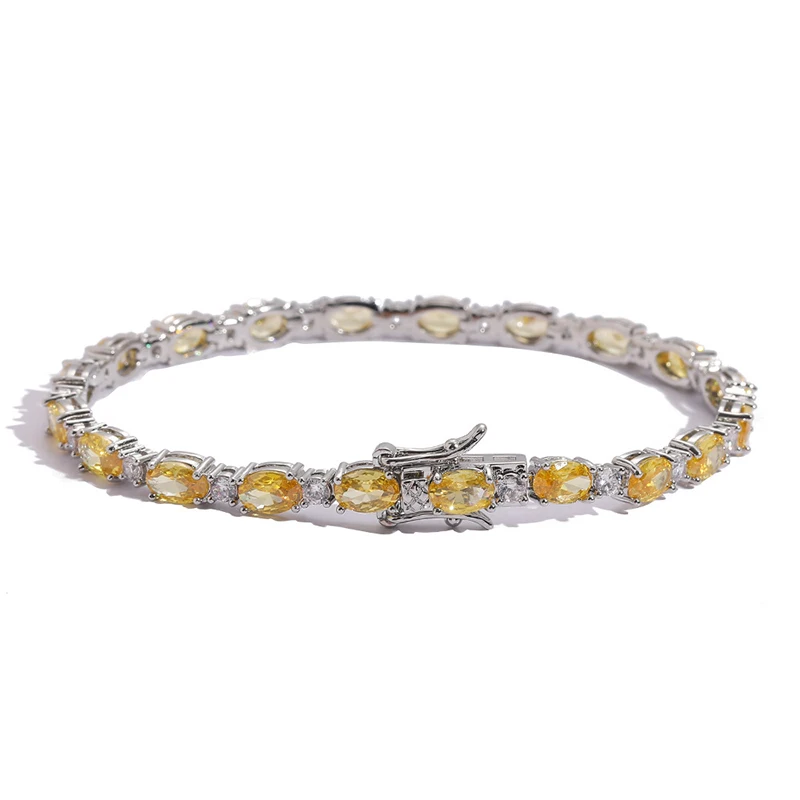 Hip Hop 4mm 6mm Oval Yellow CZ Stone Bling Iced Out Tennis Link Chain Bracelets for Men Women Rapper Jewelry Gold Silver Color