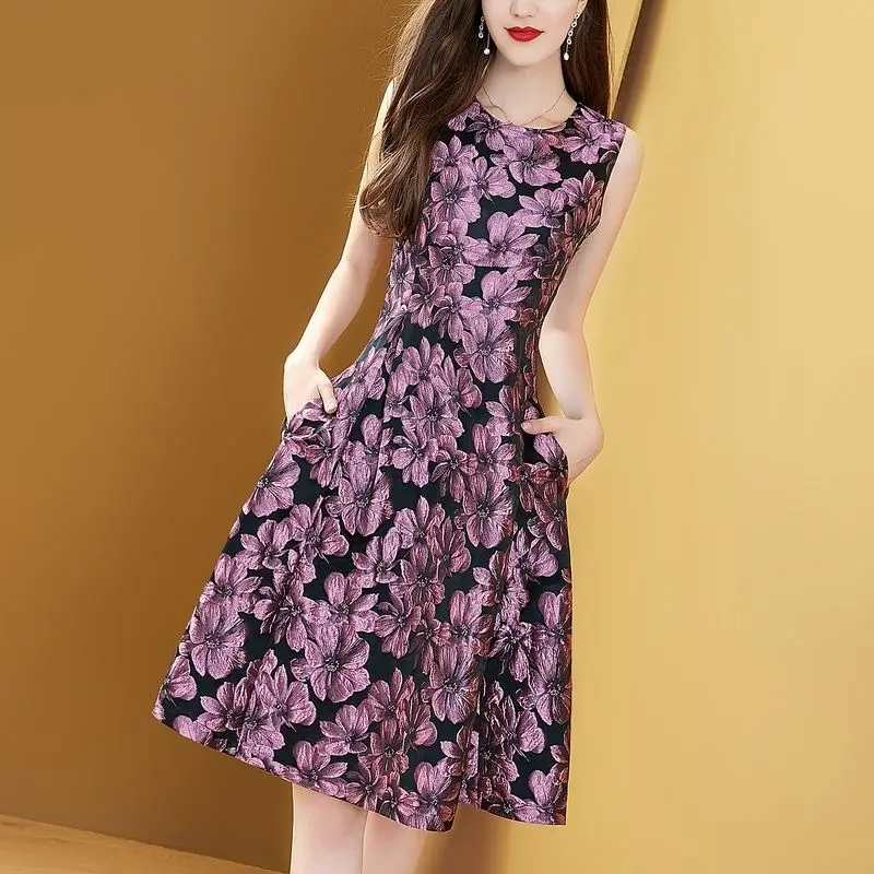 New Quality Elegant Women Luxury Jacquard Summer Sleeveless Fashion Plus Size Boho Floral Vintage Ladies Party A Line Midi Dress