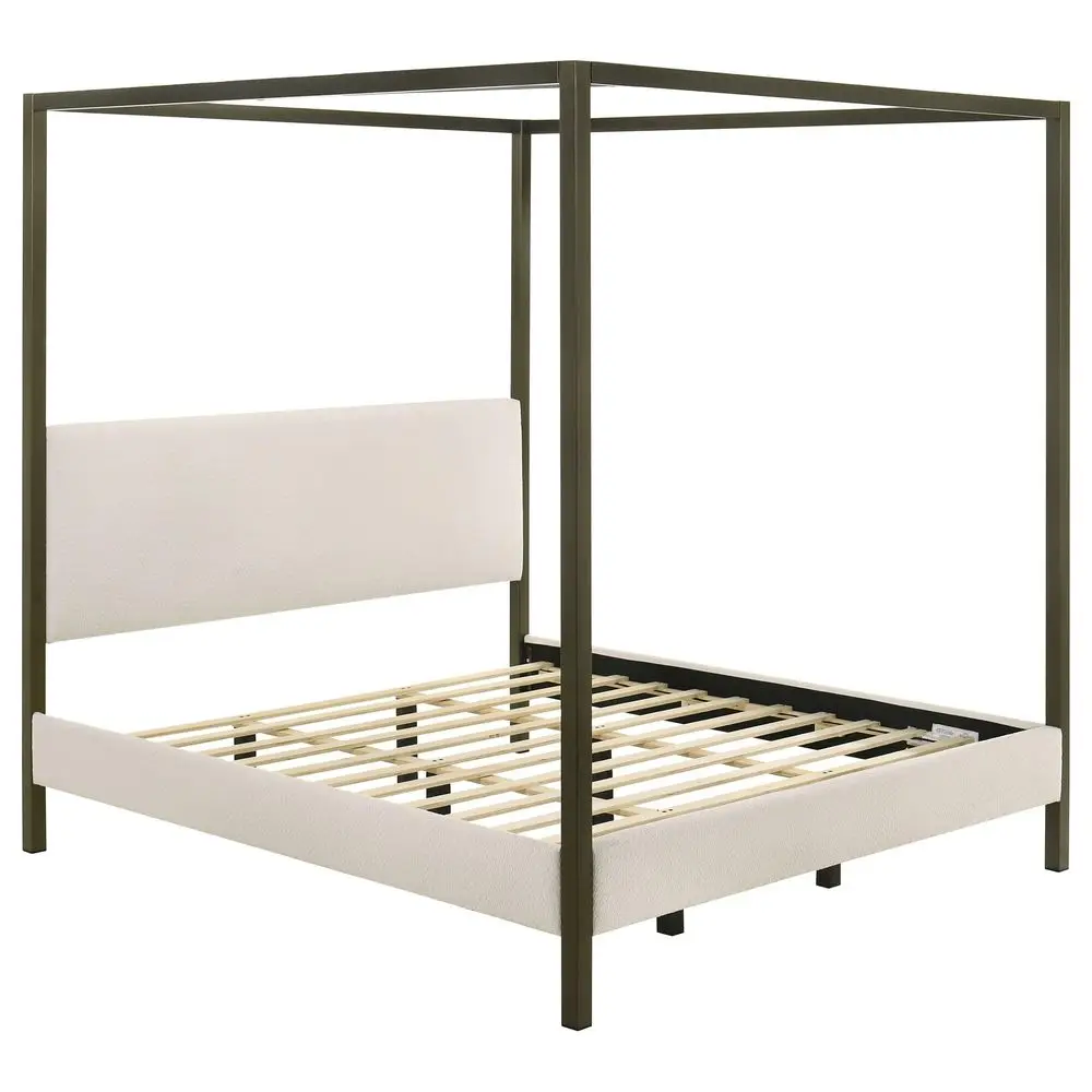 

Home Furnishings Monroe Wood Upholstered Canopy Bed with FourPost Metal Frame, Padded Headboard and Transitional Style Bedroom