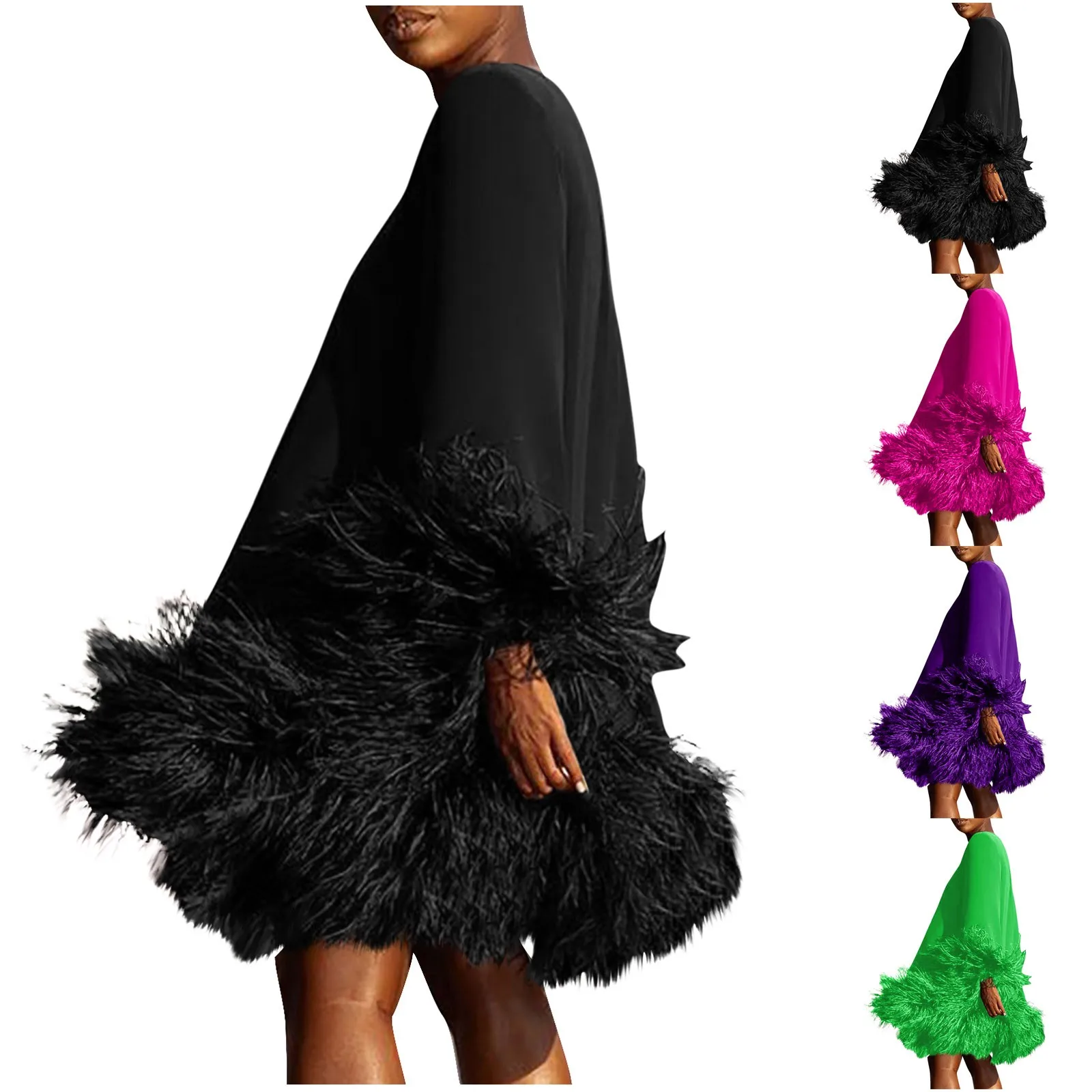 

Long Sleeve Dress Furry Mini Skirt Loose Solid Color Round Neck Dress Spring Autumn Furry Hem Cuff Patchwork Casual Dress