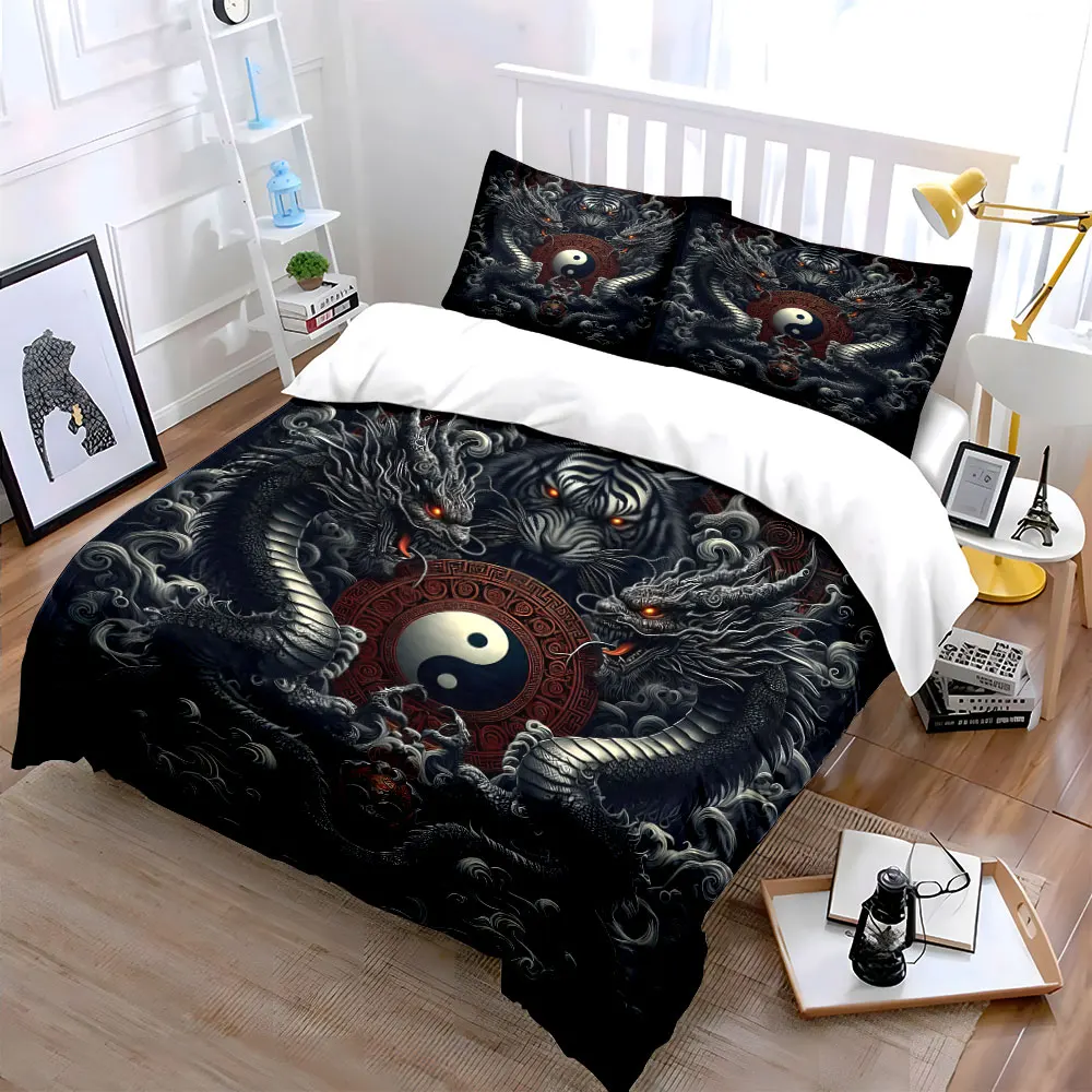 Mystical Artwork of Dragon, Tiger, Yin-Yang Print Bedding Set 1 Duvet Cover 2 Pillowcases for Adult and Children Luxury Gift