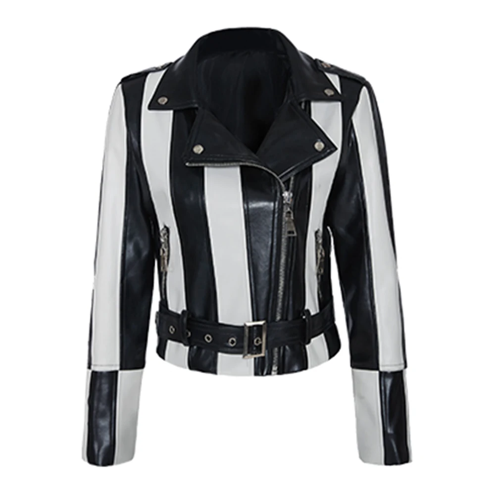 Motorcycle Jacket Wear Resistant Punk Jacket Black And White Stripes Woman's Biker Coat PU Material  Rock Jacket Rivet S-XXL