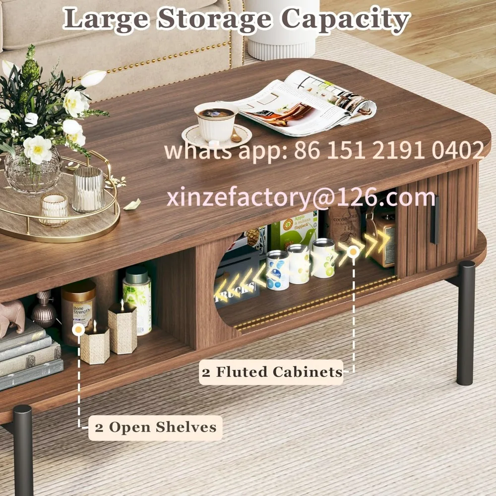 Customizable Coffee Table,  Mid Century Modern , Coffee Table with Storage Open Shelf, Fluted Table with Sliding Cabinet Door
