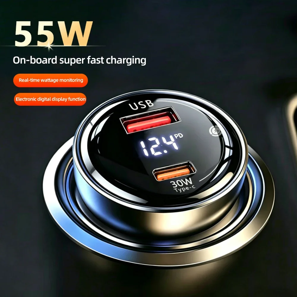 Auto-Ladegerät mit zwei USB-Anschlüssen, 55 W, superschnelles Laden mit Digitalanzeige, schneller Ladeadapter für iPhone, Samsung, Xiaomi