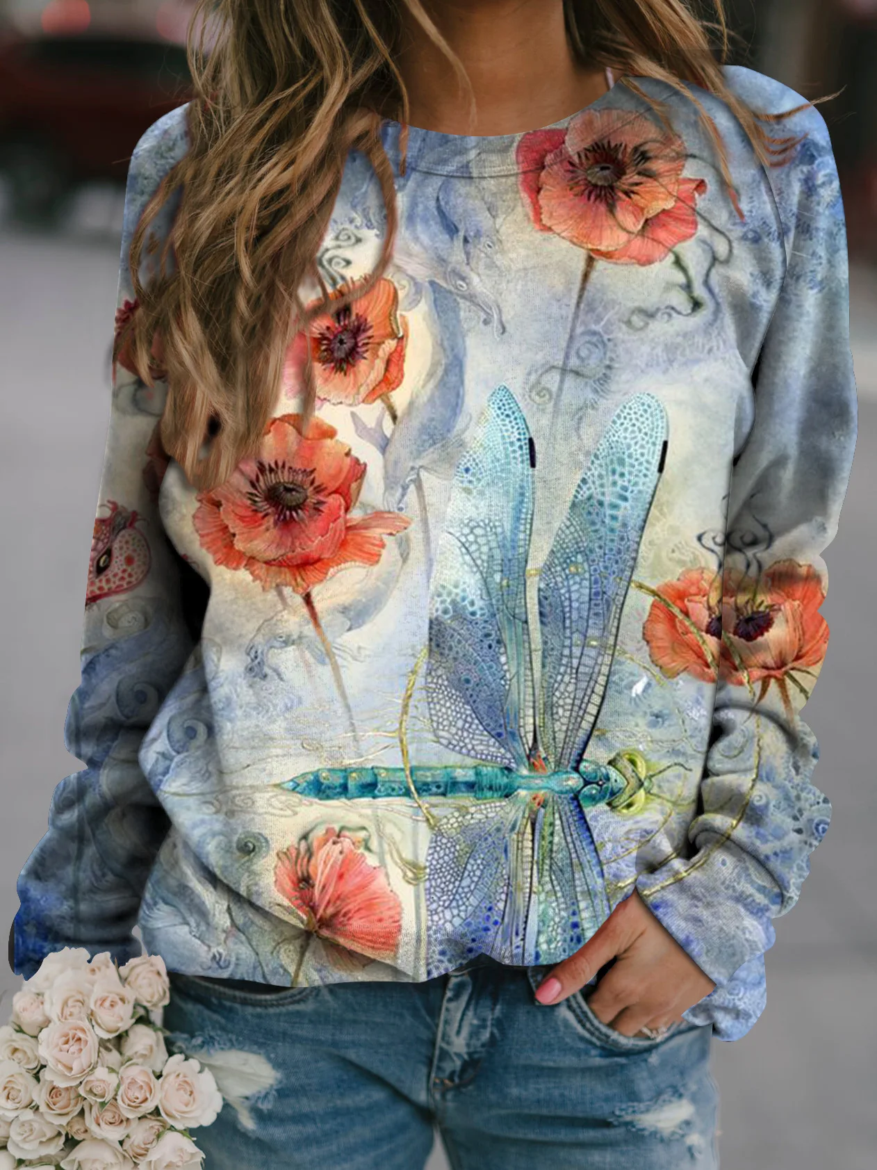 꽃무늬 스웨트셔츠 자연 풍경 그림 3D 프린트 여성 캐주얼 래글런 긴팔 풀오버 하라주쿠 탑 여성 의류